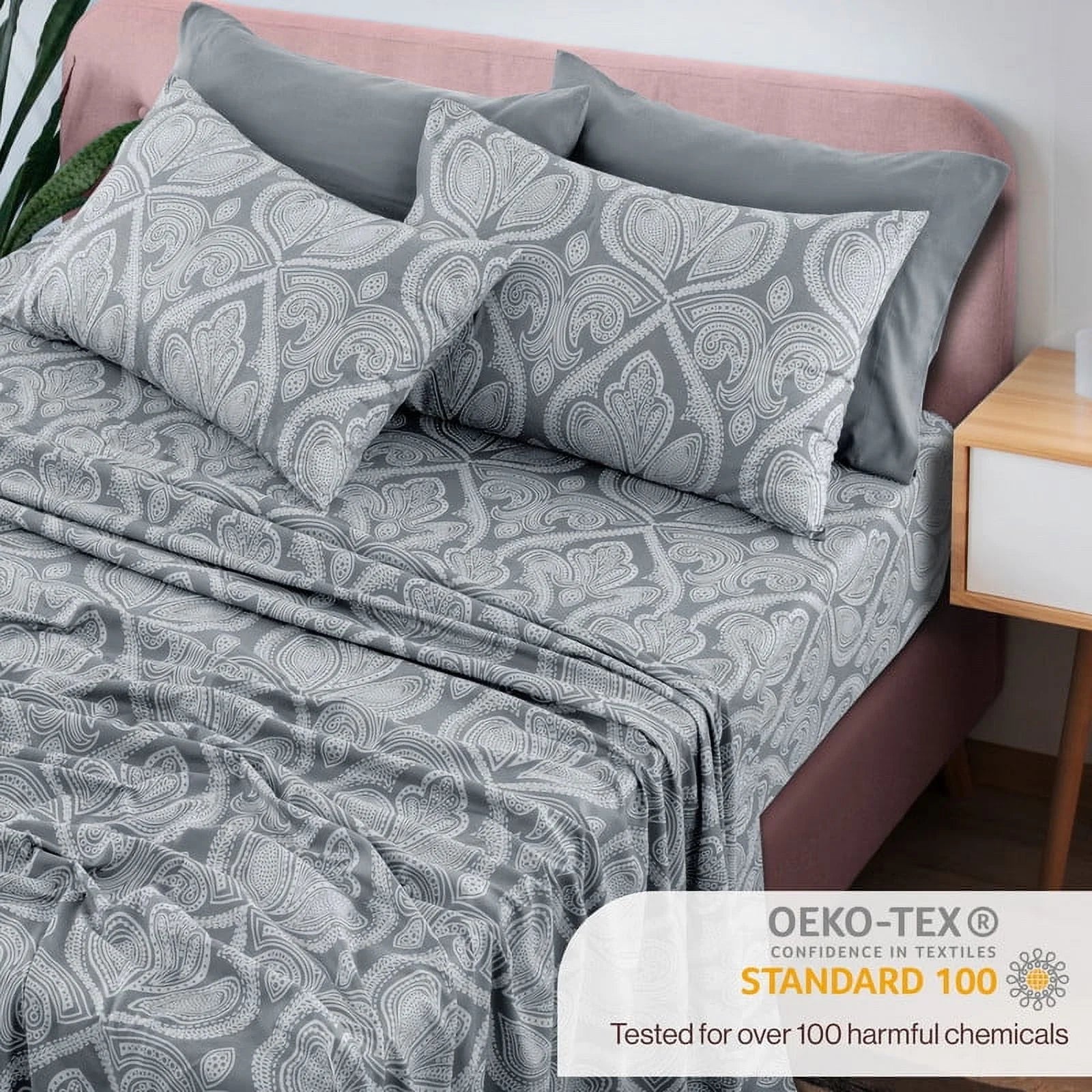 6-Piece Bed Sheet Set, Deep Pocket Queen Sheets up to 16 Inch, 1 Flat Sheet , 1 Fitted Sheet & 4 Pillowcases (Queen, Grey)