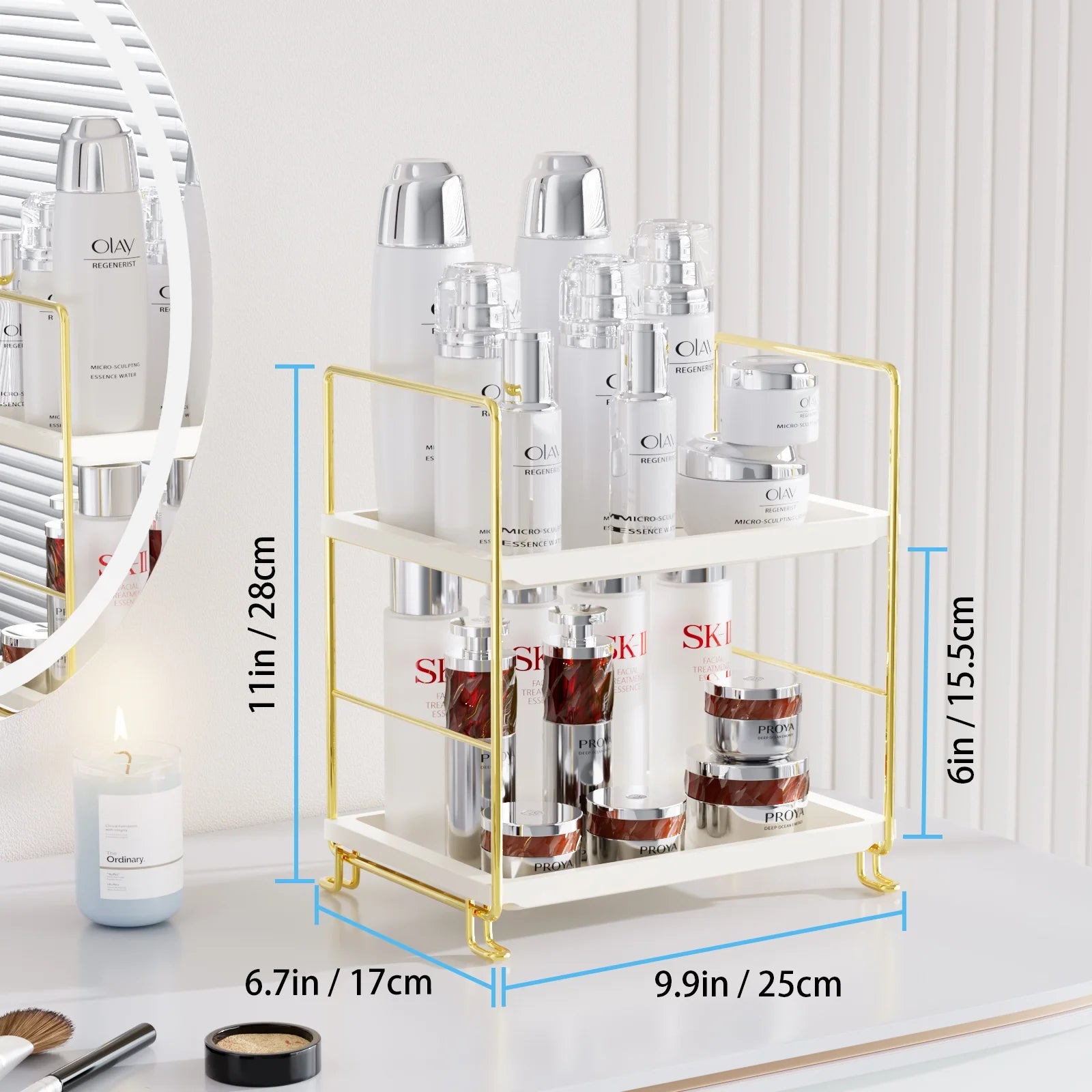 2-Tier Bathroom Countertop Organizer, Kitchen Spice Rack or Makeup Skin Organizer Vanity Bedroom Storage Tray (Gold)