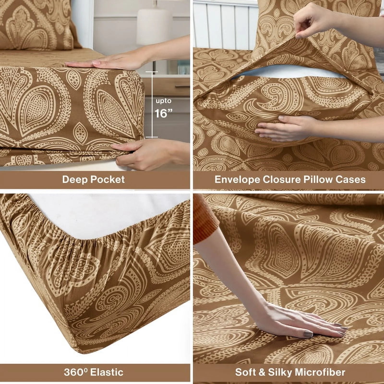 6 Piece Microfiber Egyptain Quality Deep Pocket Bedroom Sheet Set in Queen Size, Brown