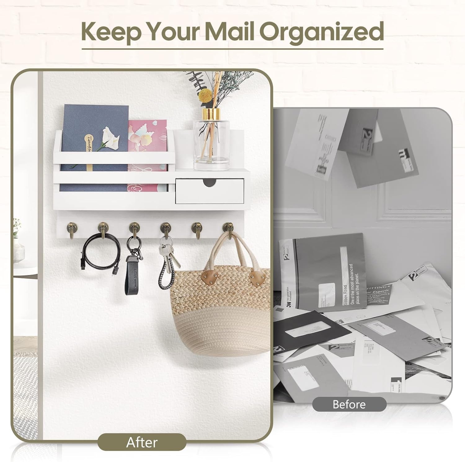 Key Holder Wall Mount: Key and Mail Holder for Wall with 6 Hooks and Storage Drawer, Easy Installation Key Rack for Entryway Home Decor (A-White)