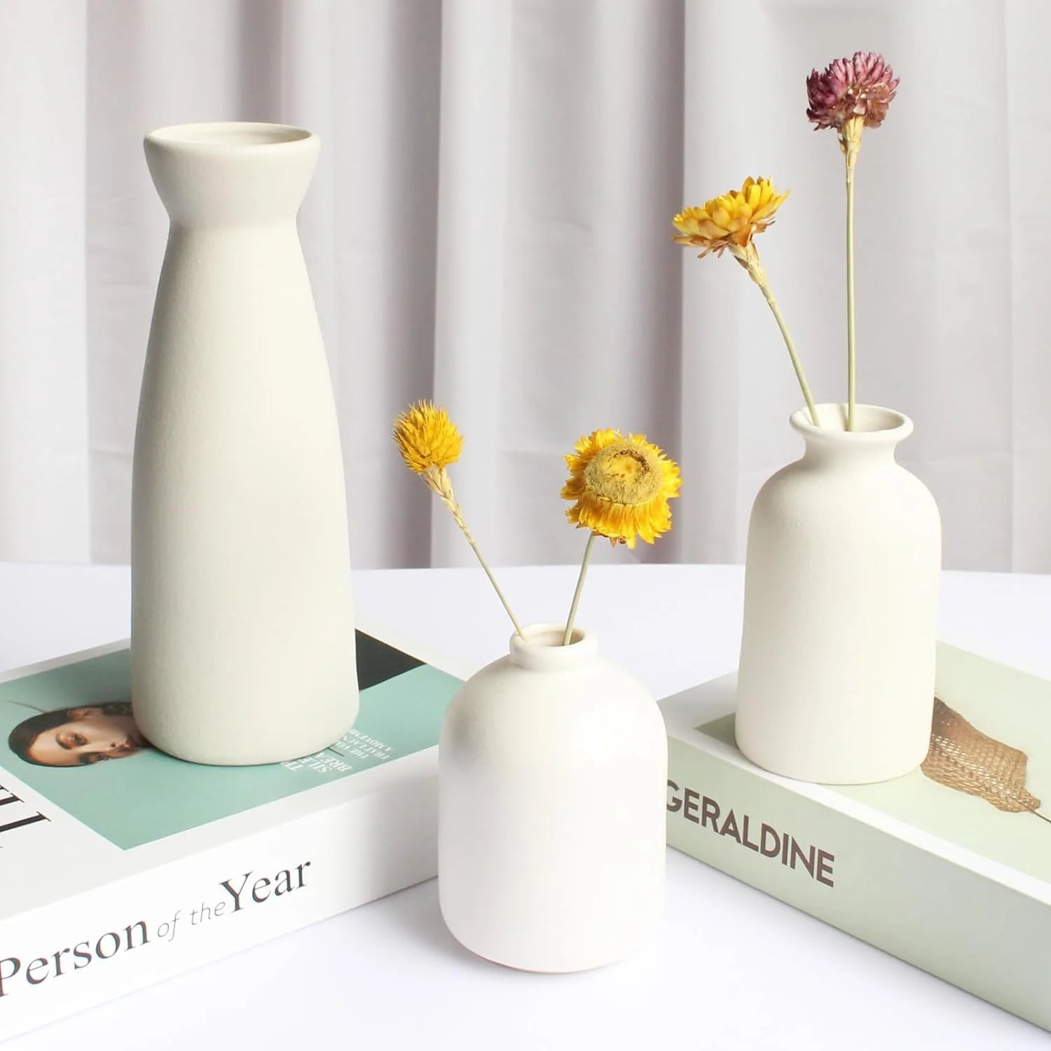 Ceramic Vase,Small Vases for Decor,Set 3 Modern Boho Vases for Flower Pampas,Fit for Living Room Desk Shelf Decor,White