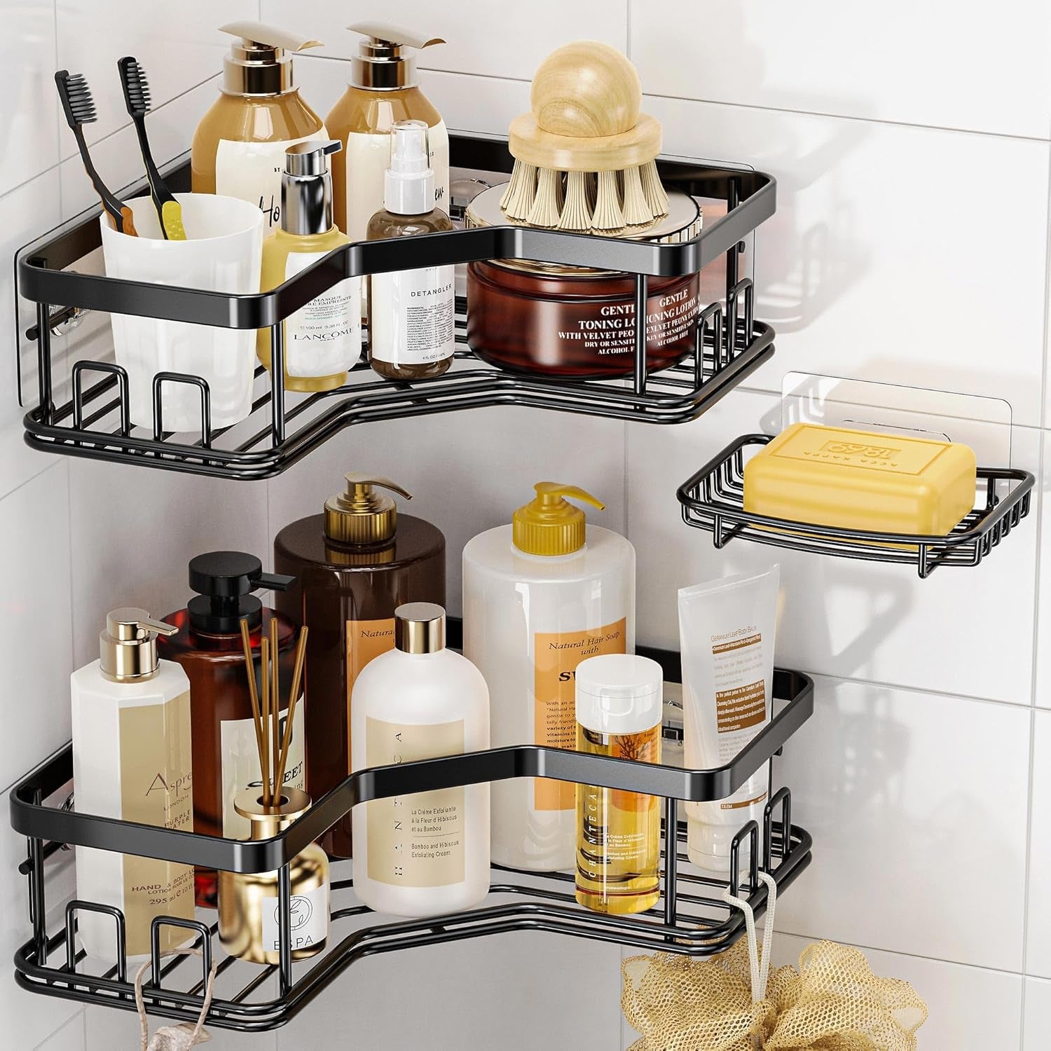 3 Pack Corner Shower Caddy with Soap Holder, Large Capacity Sturdy Easy Install No Drilling Stainless Steel Hold 40 LBS Shower Organizer Shelves Rack Storage for Family Renters Bathroom, Black