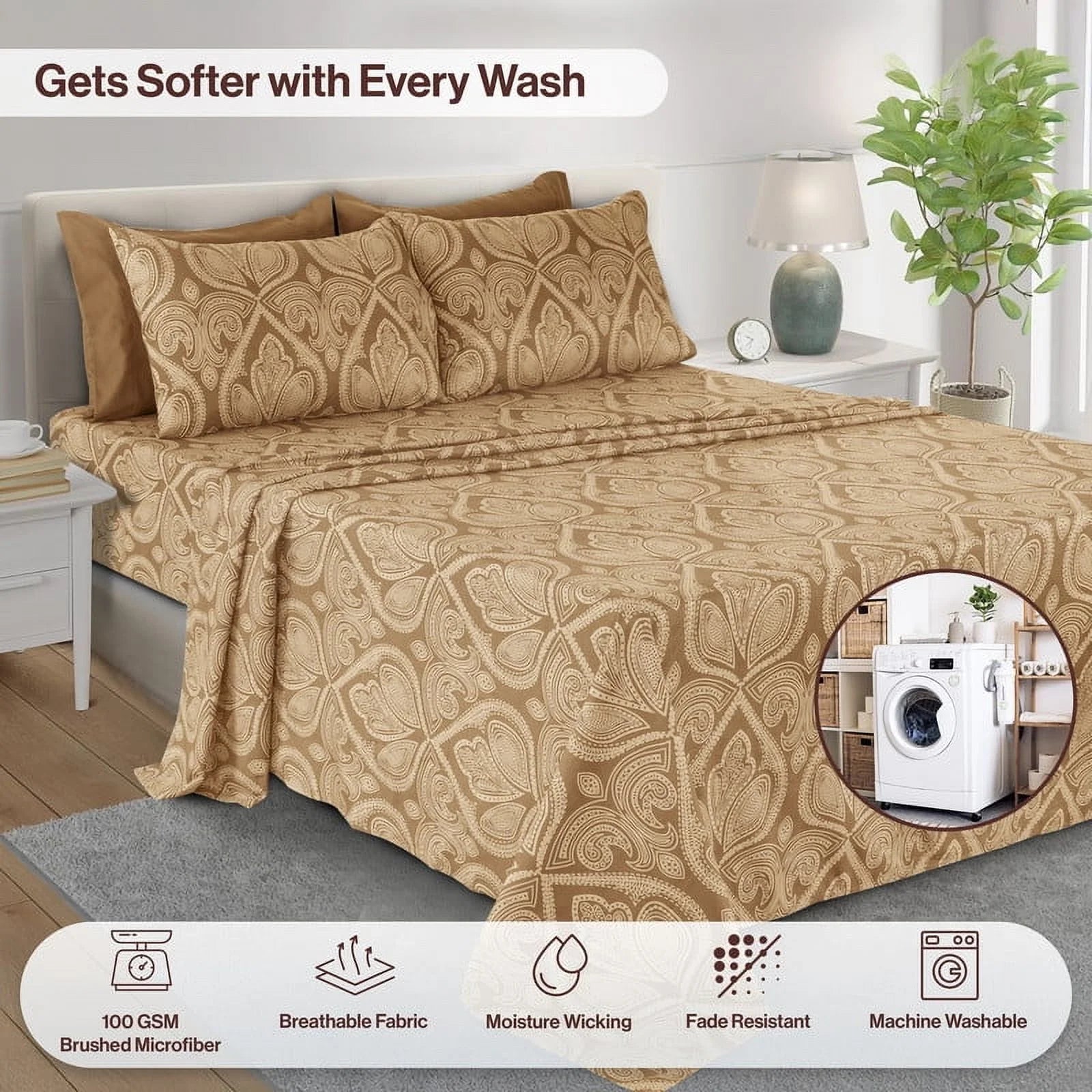 6 Piece Microfiber Egyptain Quality Deep Pocket Bedroom Sheet Set in Queen Size, Brown