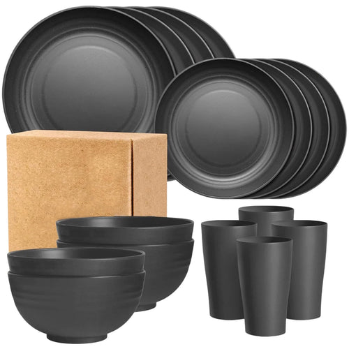 16-Piece Plastic Tableware Set - Durable, Stylish, and Easy to Clean for Everyday Use - White, Black, Gray