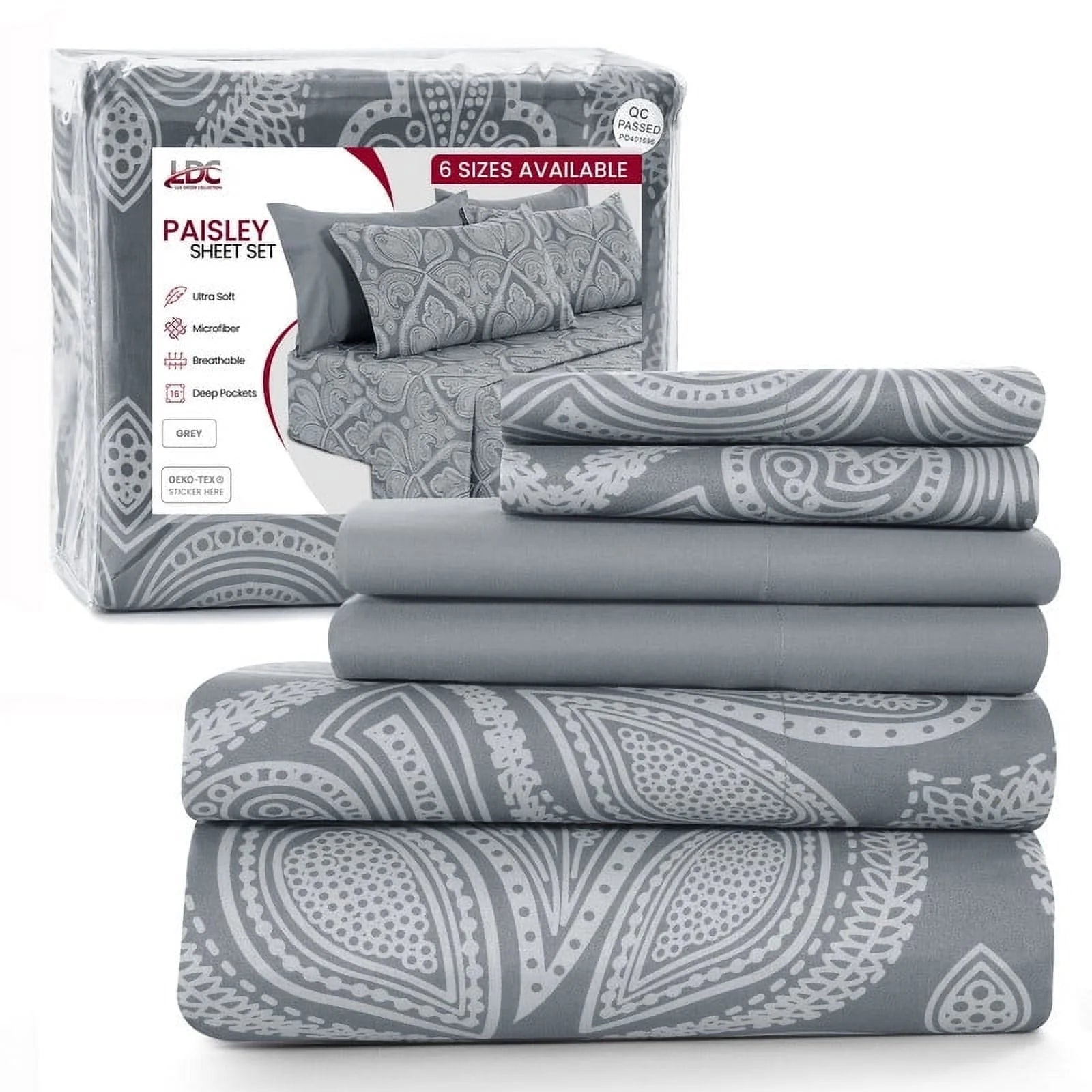 6-Piece Bed Sheet Set, Deep Pocket Queen Sheets up to 16 Inch, 1 Flat Sheet , 1 Fitted Sheet & 4 Pillowcases (Queen, Grey)