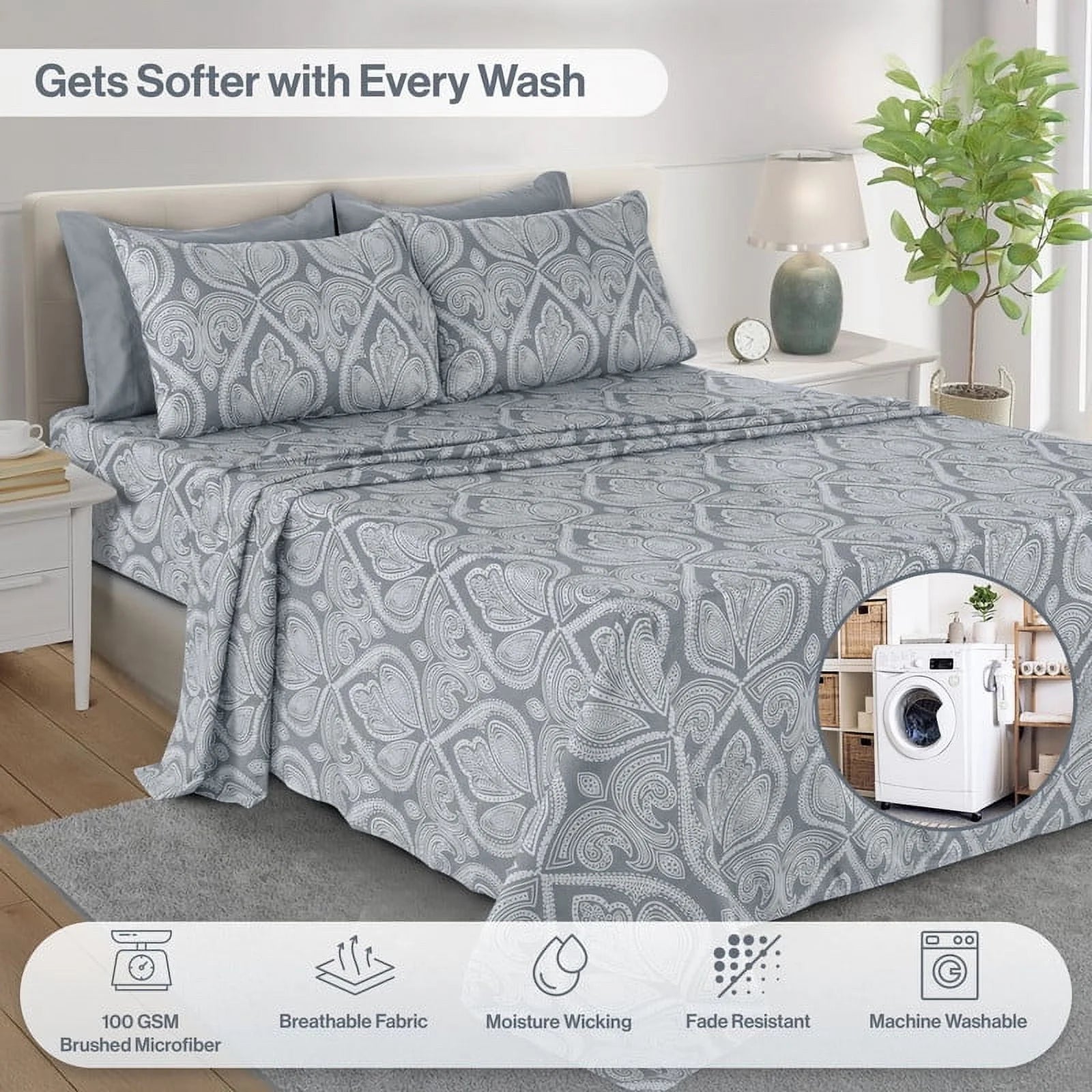 6-Piece Bed Sheet Set, Deep Pocket Queen Sheets up to 16 Inch, 1 Flat Sheet , 1 Fitted Sheet & 4 Pillowcases (Queen, Grey)