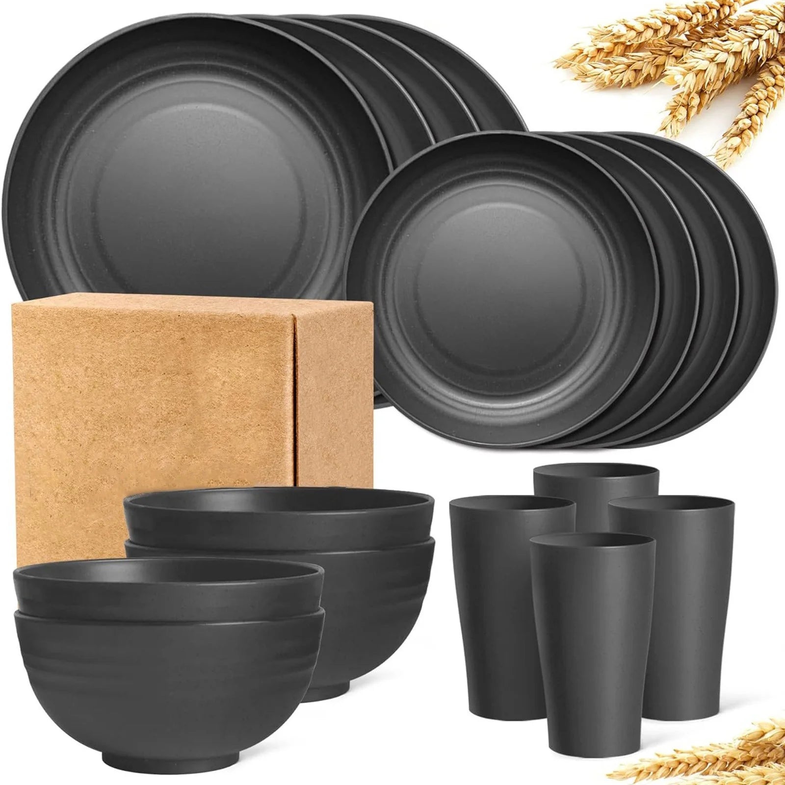 16-Piece Plastic Tableware Set - Durable, Stylish, and Easy to Clean for Everyday Use - White, Black, Gray