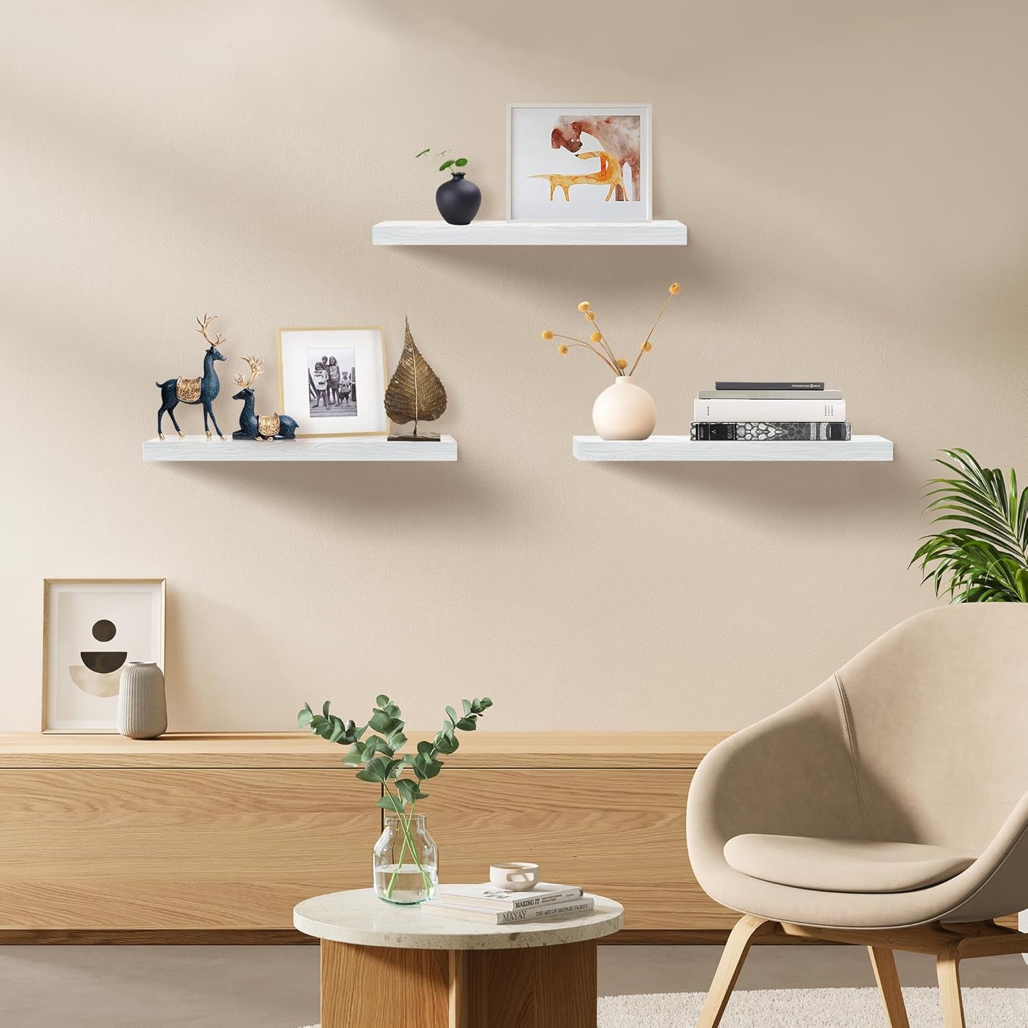 White Floating Shelves - Set of 3, 16" Wall Mounted Shelves for Home Decor, Living Room, Bedroom, Bathroom, Kitchen