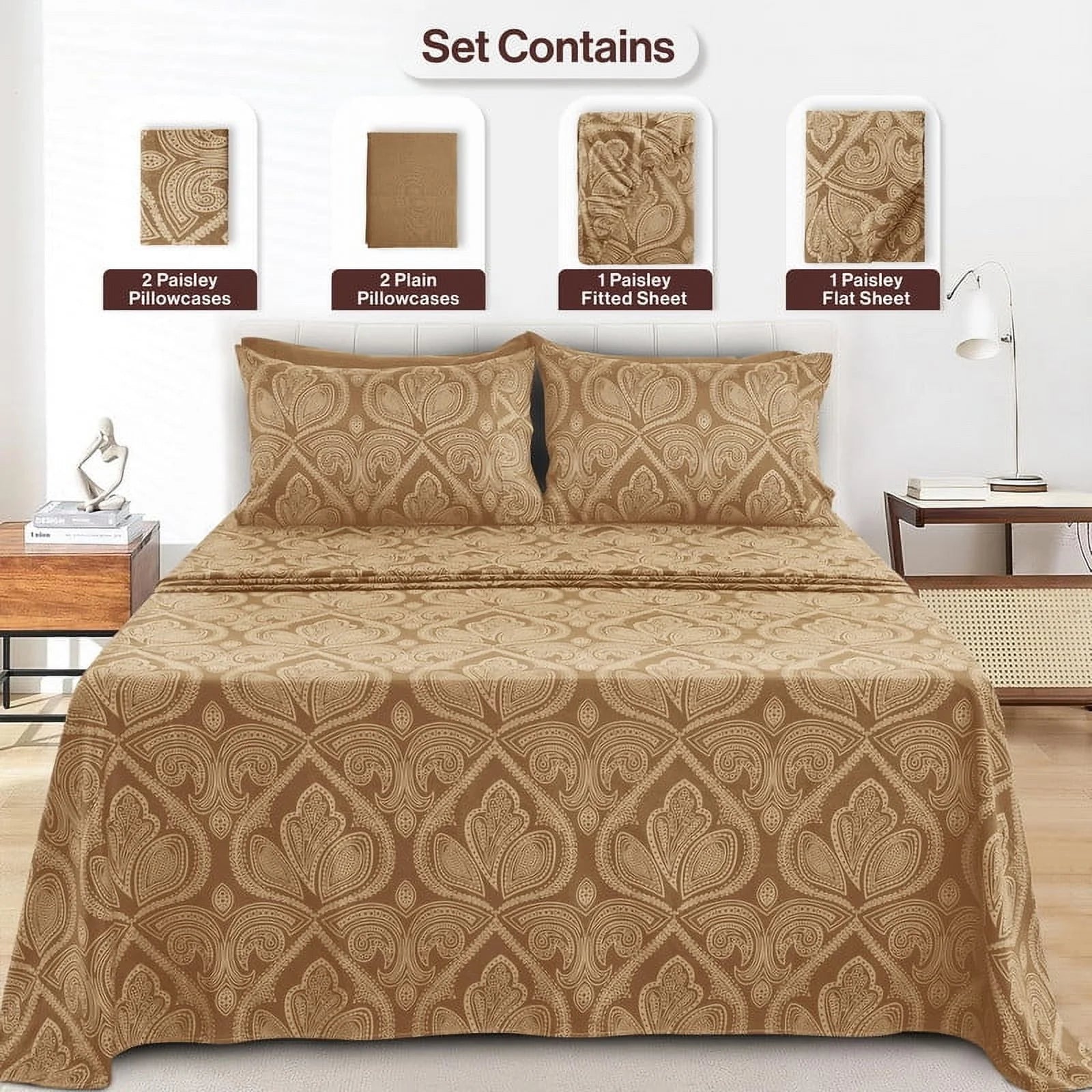 6 Piece Microfiber Egyptain Quality Deep Pocket Bedroom Sheet Set in Queen Size, Brown