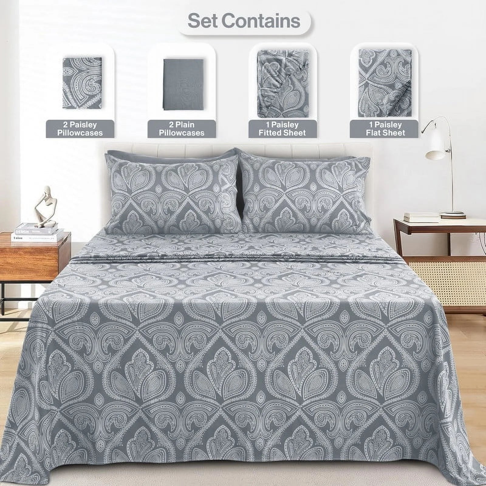 6-Piece Bed Sheet Set, Deep Pocket Queen Sheets up to 16 Inch, 1 Flat Sheet , 1 Fitted Sheet & 4 Pillowcases (Queen, Grey)