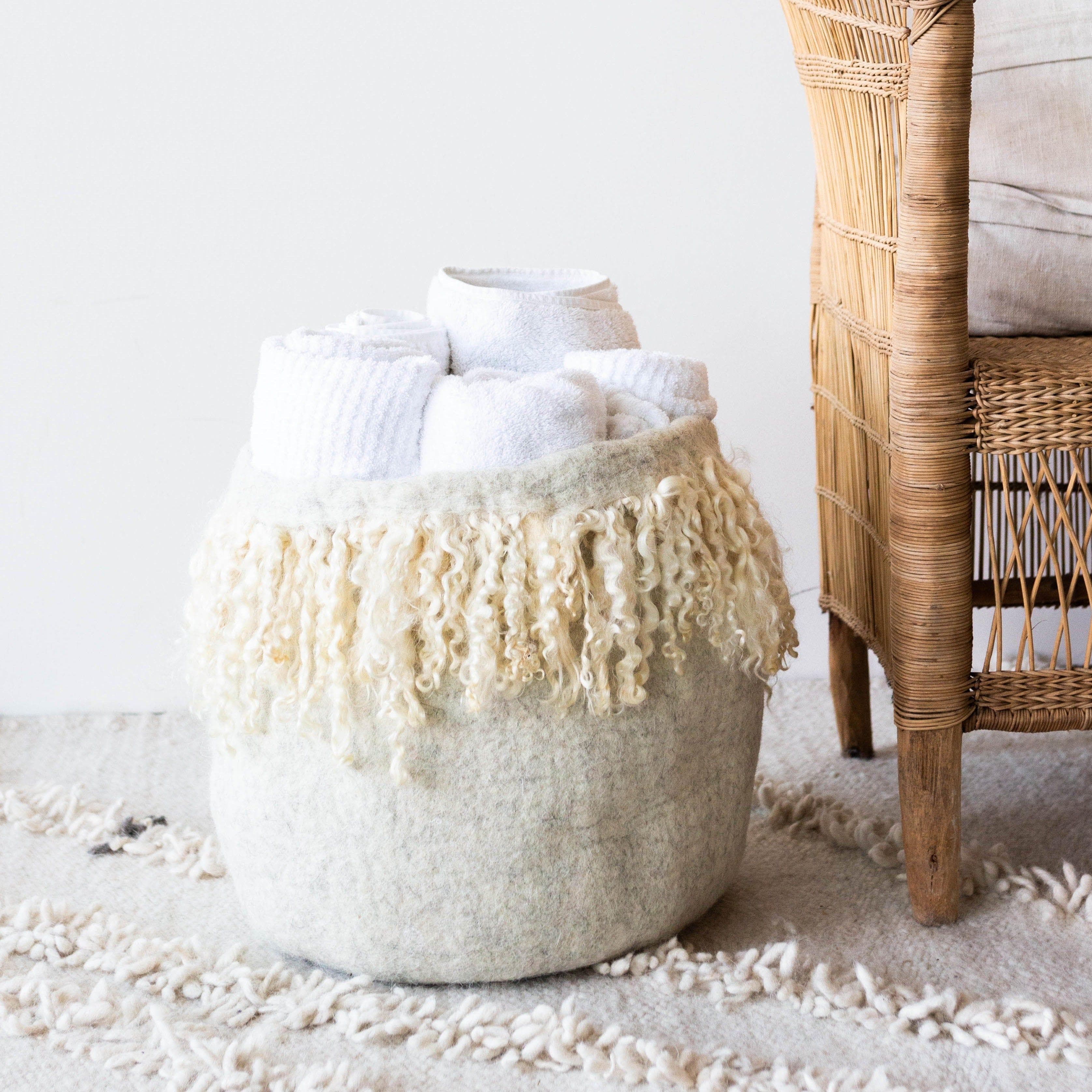 Fringed Mohair Wool Decorative Basket – Handcrafted Cream Storage Basket
